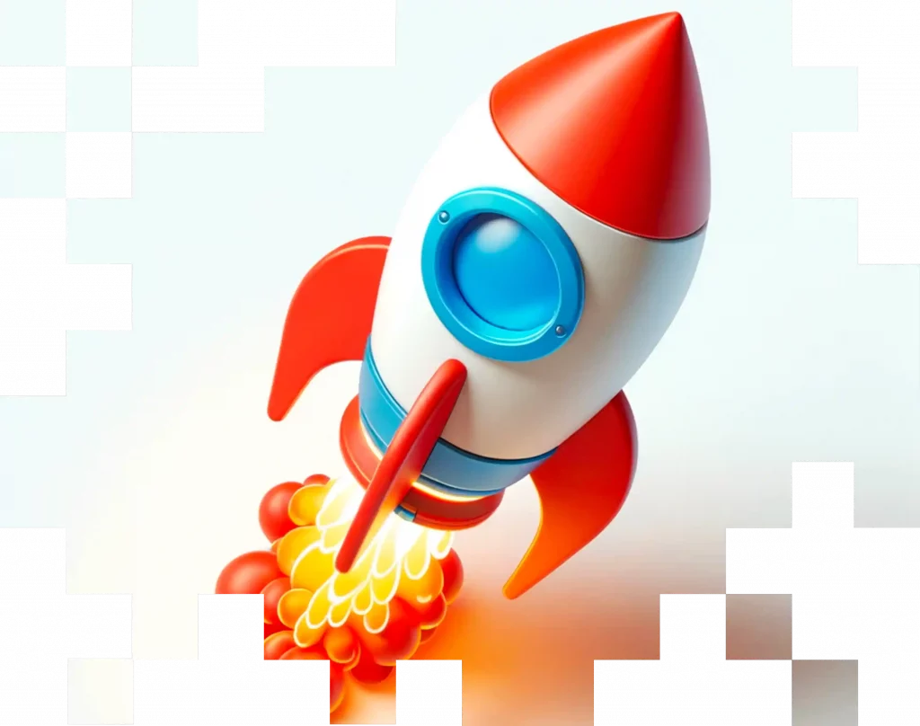Image header du site de Fabrica Digitalis, illustrant une fusée en plein décollage avec des Pixels en moins- La fusée No code